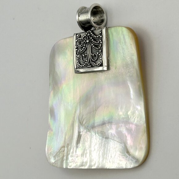 Artisan Sterling Silver 925 Mother of Pearl Iridescent Pendant Shell Boho 2in - Picture 8 of 10